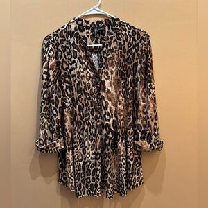 New Directions Brown and Black Leopard  3/4 Sleeve Notched Collar Blouse Size 1X